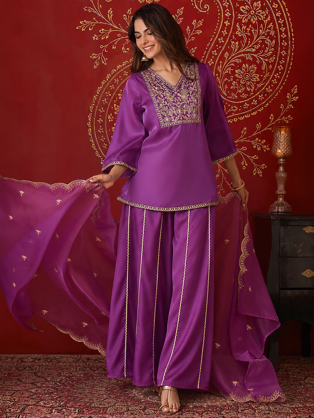 Janasya Women's Purple Silk Blend Zari Floral Embroidered Straight Kurta with Sharara & Dupatta Set