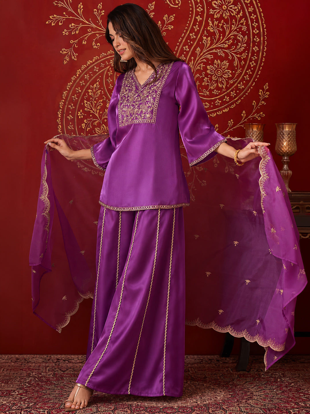 Janasya Women's Purple Silk Blend Zari Floral Embroidered Straight Kurta with Sharara & Dupatta Set