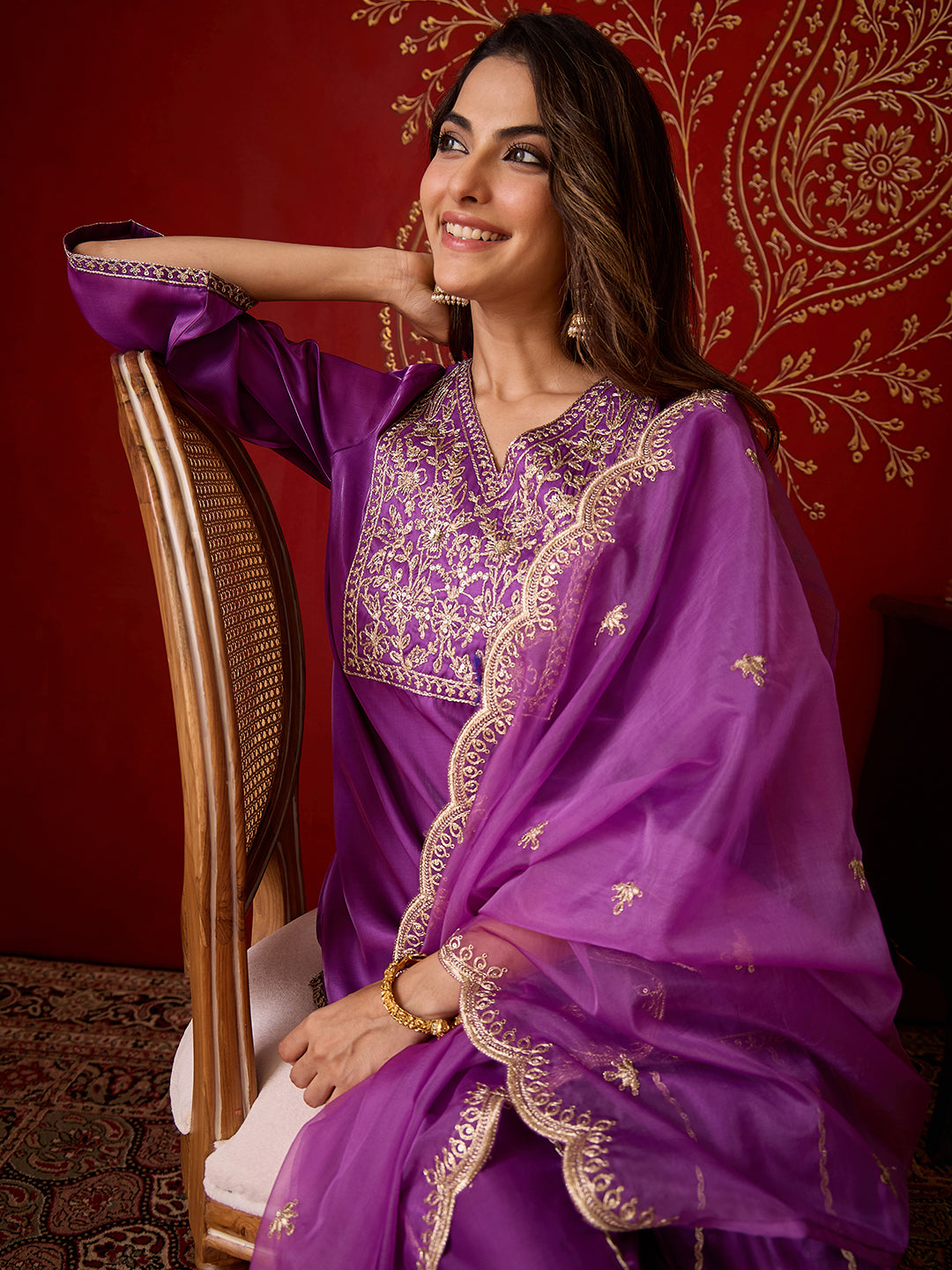 Janasya Women's Purple Silk Blend Zari Floral Embroidered Straight Kurta with Sharara & Dupatta Set