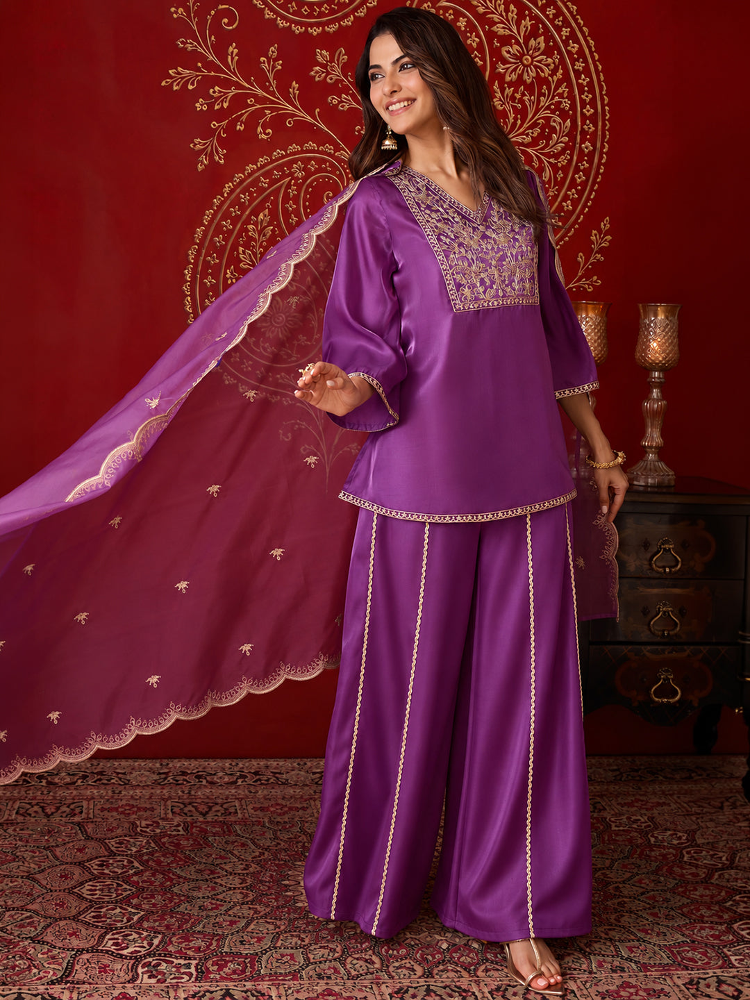 Janasya Women's Purple Silk Blend Zari Floral Embroidered Straight Kurta with Sharara & Dupatta Set