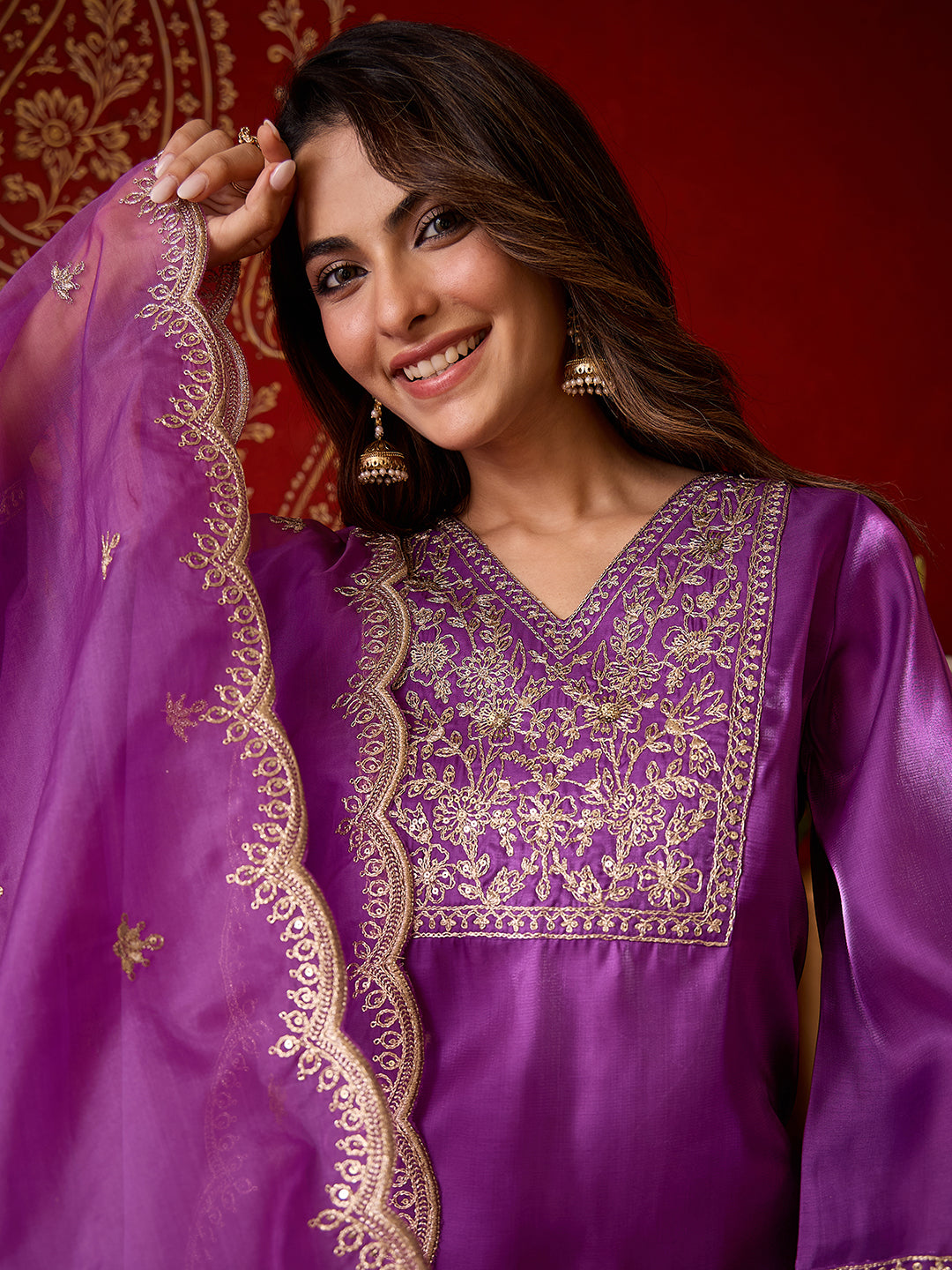 Janasya Women's Purple Silk Blend Zari Floral Embroidered Straight Kurta with Sharara & Dupatta Set