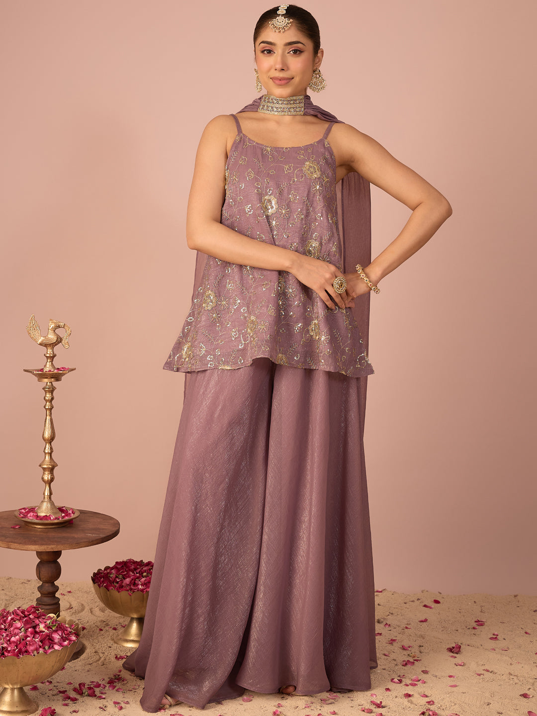 Janasya Women's Lavender Tissue Silk Floral Zari Embroidered Sequinned Peplum Top with Sharara & Choker Dupatta Set