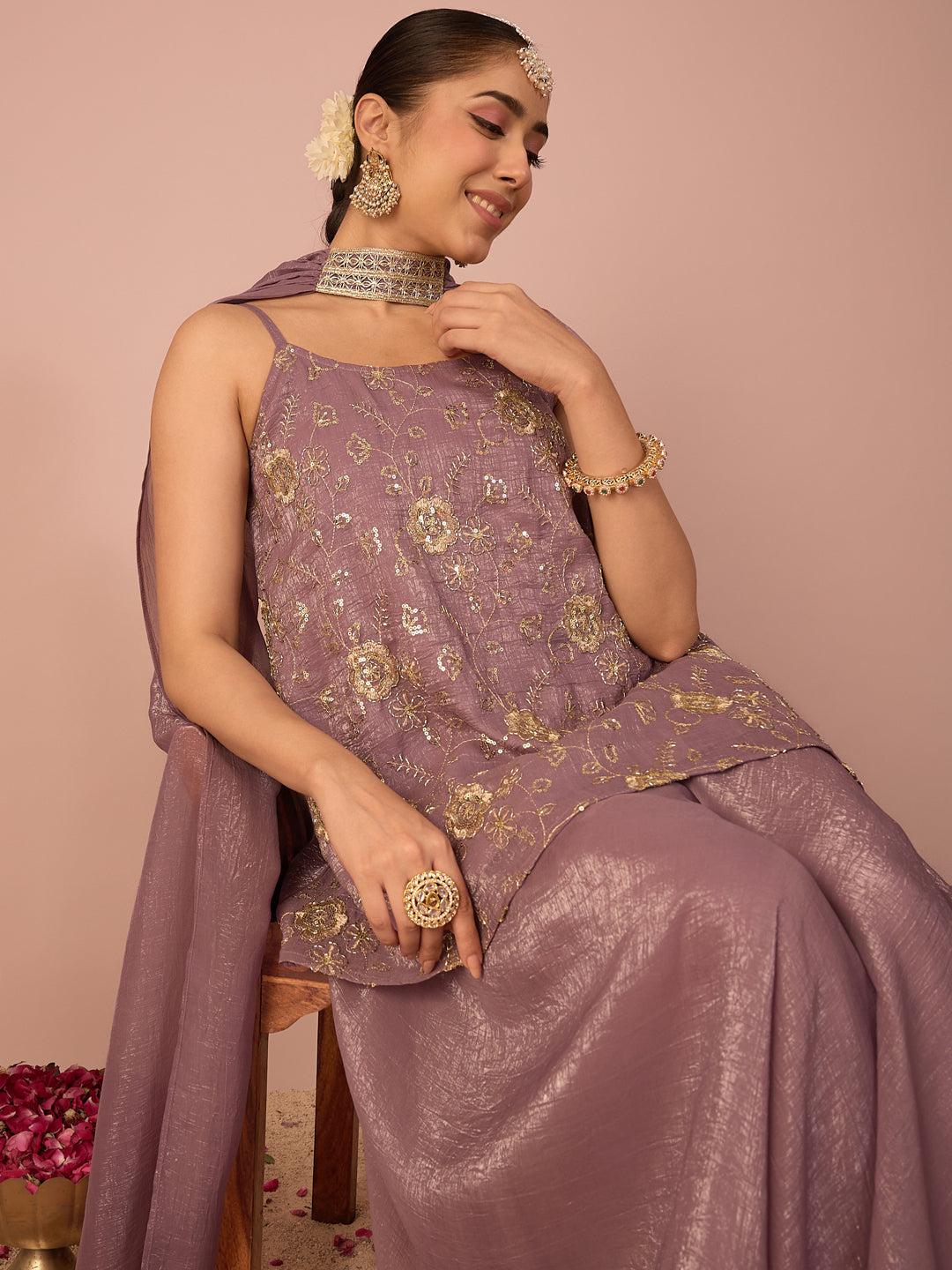 Janasya Women's Lavender Tissue Silk Floral Zari Embroidered Sequinned Peplum Top with Sharara & Choker Dupatta Set