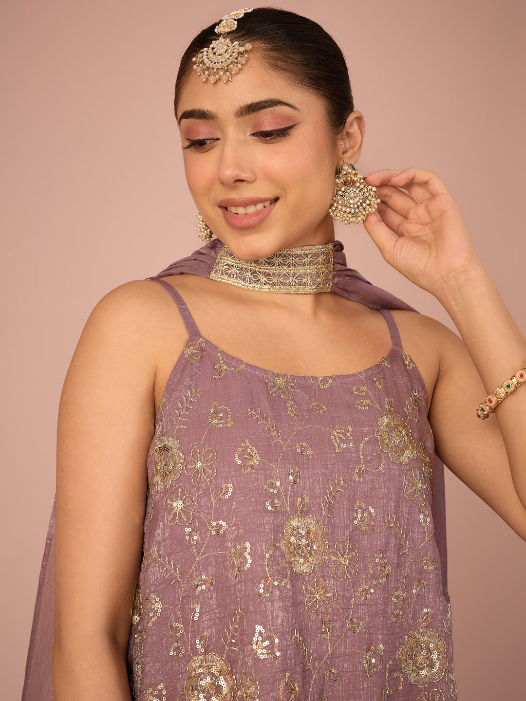 Janasya Women's Lavender Tissue Silk Floral Zari Embroidered Sequinned Peplum Top with Sharara & Choker Dupatta Set
