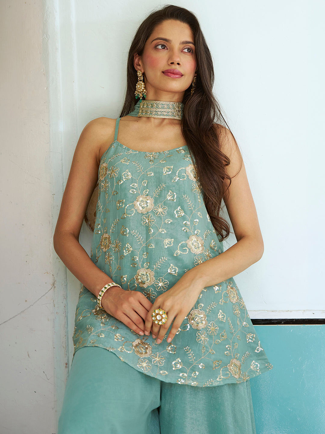 Janasya Women's Sea Green Tissue Silk Floral Zari Embroidered A-Line Top with Palazzo And Choker Dupatta Set
