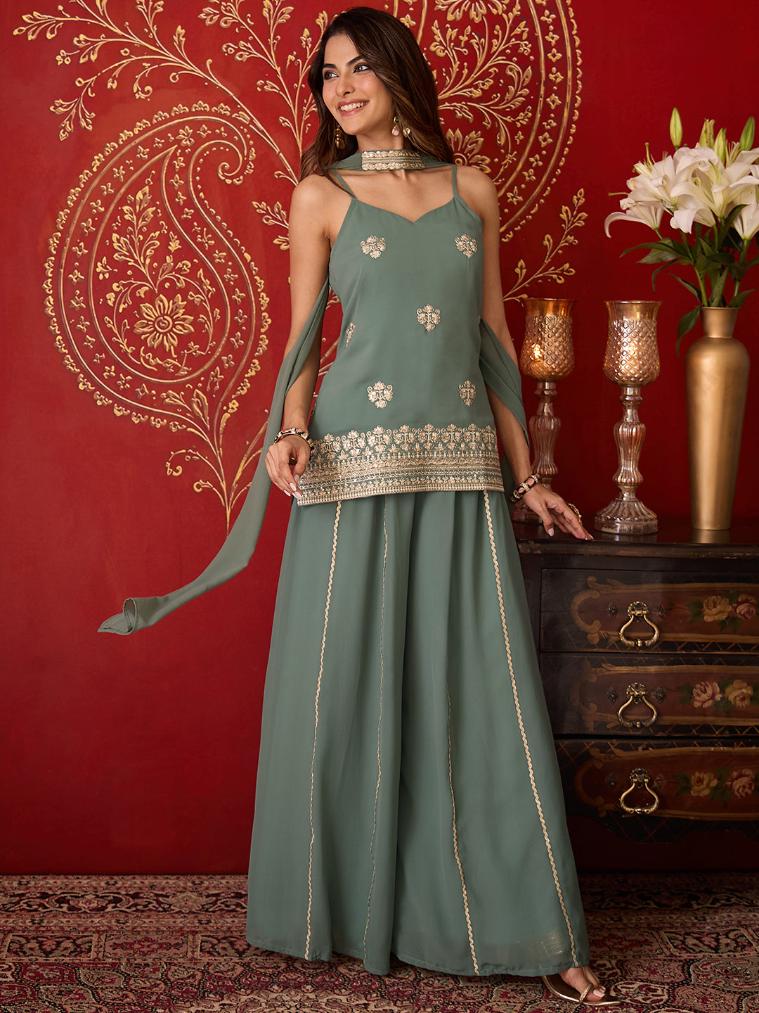 Janasya Women's Sage Green Georgette Floral Zari Embroidered Straight Kurta with Sharara And Choker Dupatta Set