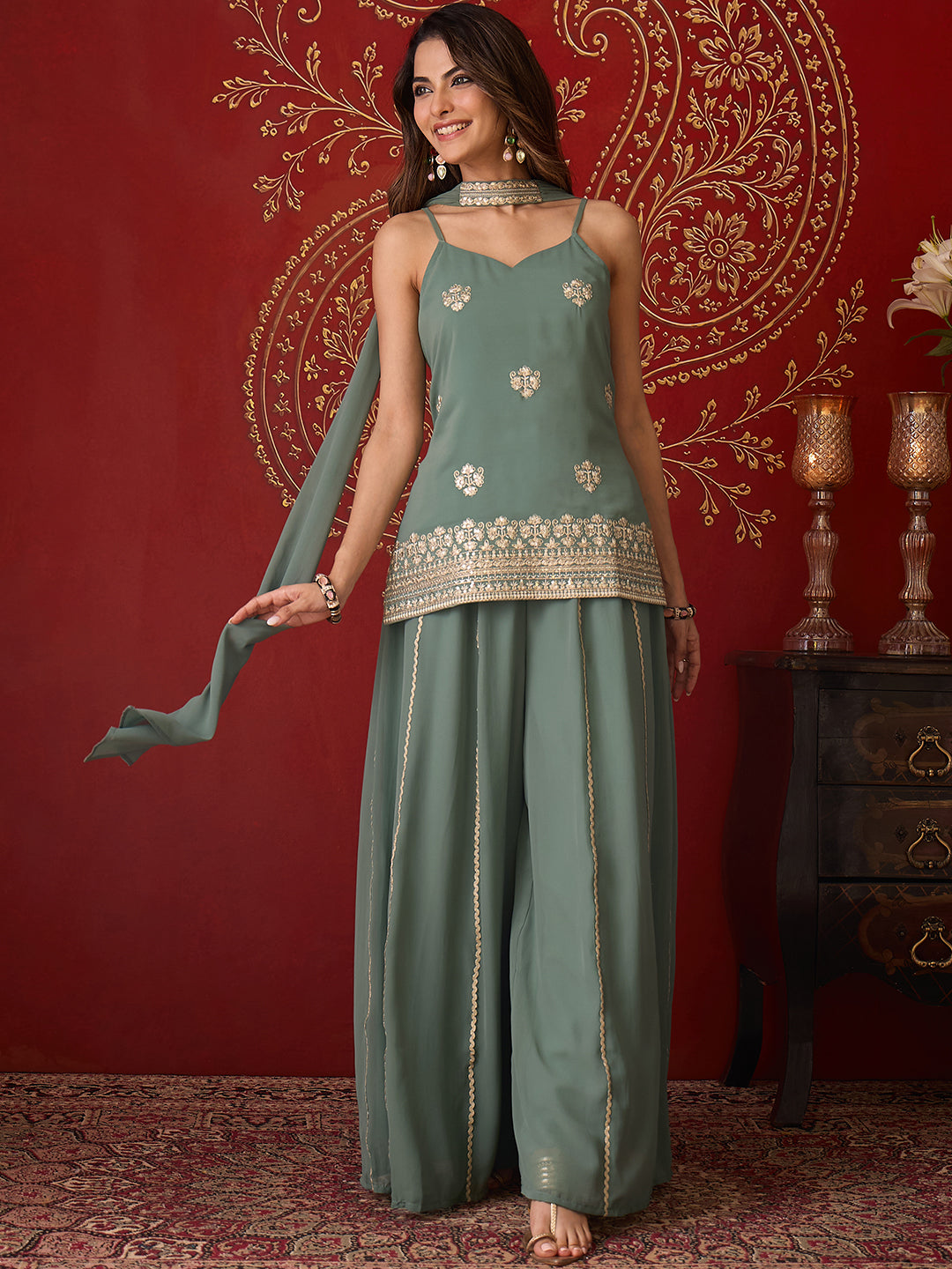 Janasya Women's Sage Green Georgette Floral Zari Embroidered Straight Kurta with Sharara And Choker Dupatta Set