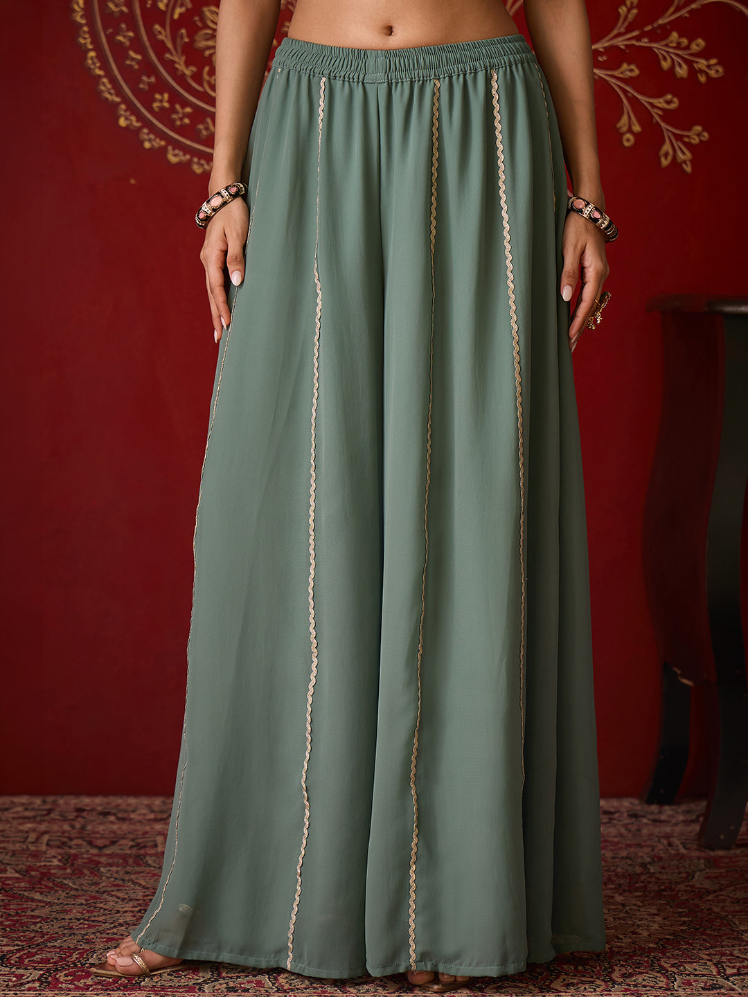 Janasya Women's Sage Green Georgette Floral Zari Embroidered Straight Kurta with Sharara And Choker Dupatta Set