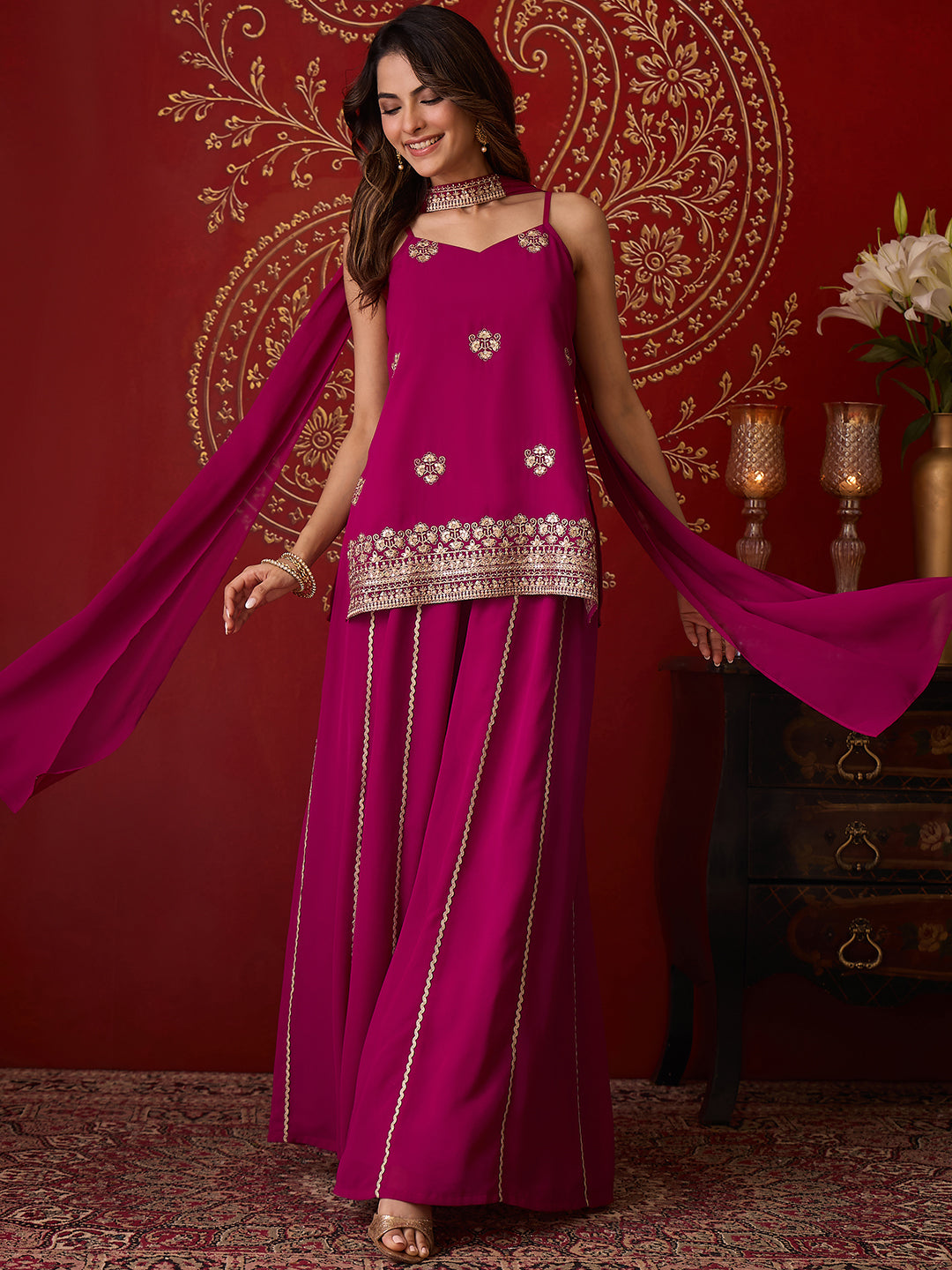 Janasya Women's Magenta Georgette Floral Zari Embroidered Straight Kurta with Sharara And Choker Dupatta Set