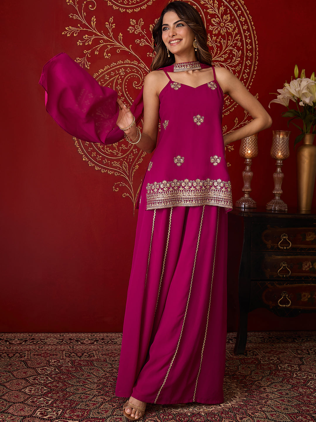 Janasya Women's Magenta Georgette Floral Zari Embroidered Straight Kurta with Sharara And Choker Dupatta Set