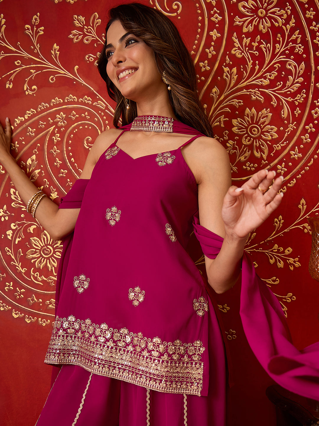 Janasya Women's Magenta Georgette Floral Zari Embroidered Straight Kurta with Sharara And Choker Dupatta Set