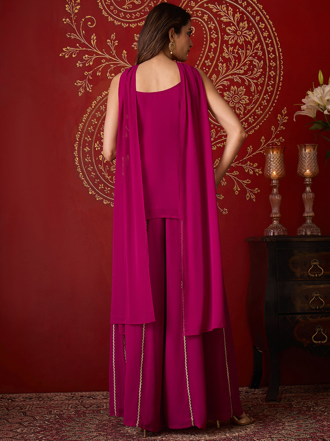 Janasya Women's Magenta Georgette Floral Zari Embroidered Straight Kurta with Sharara And Choker Dupatta Set