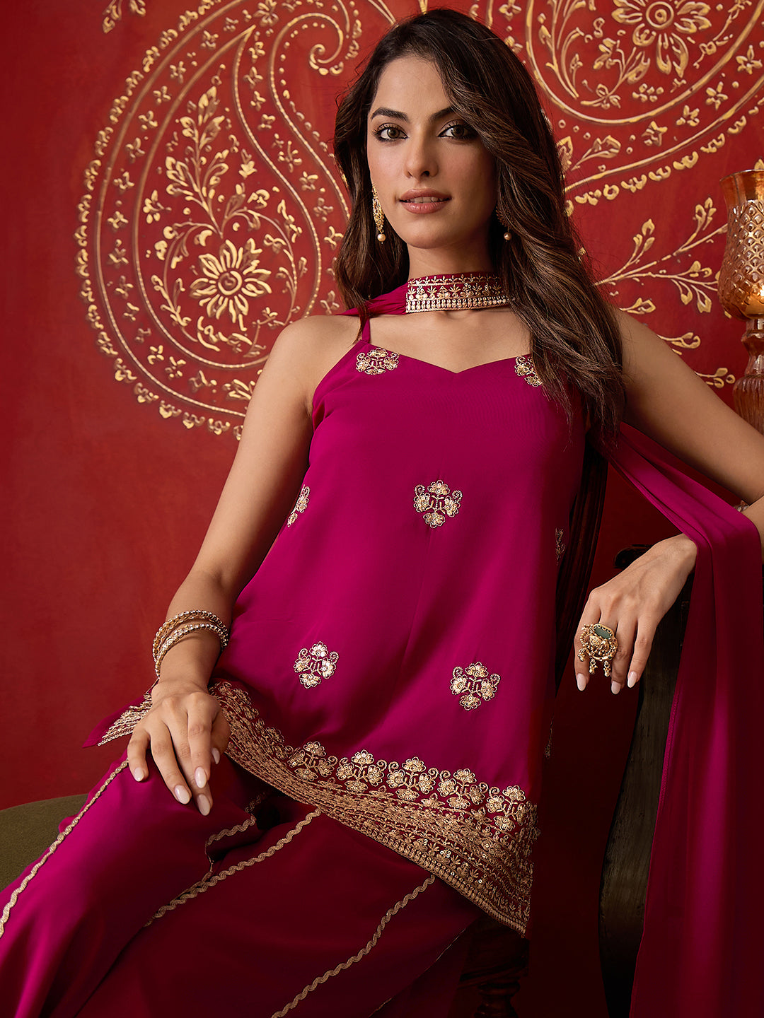 Janasya Women's Magenta Georgette Floral Zari Embroidered Straight Kurta with Sharara And Choker Dupatta Set