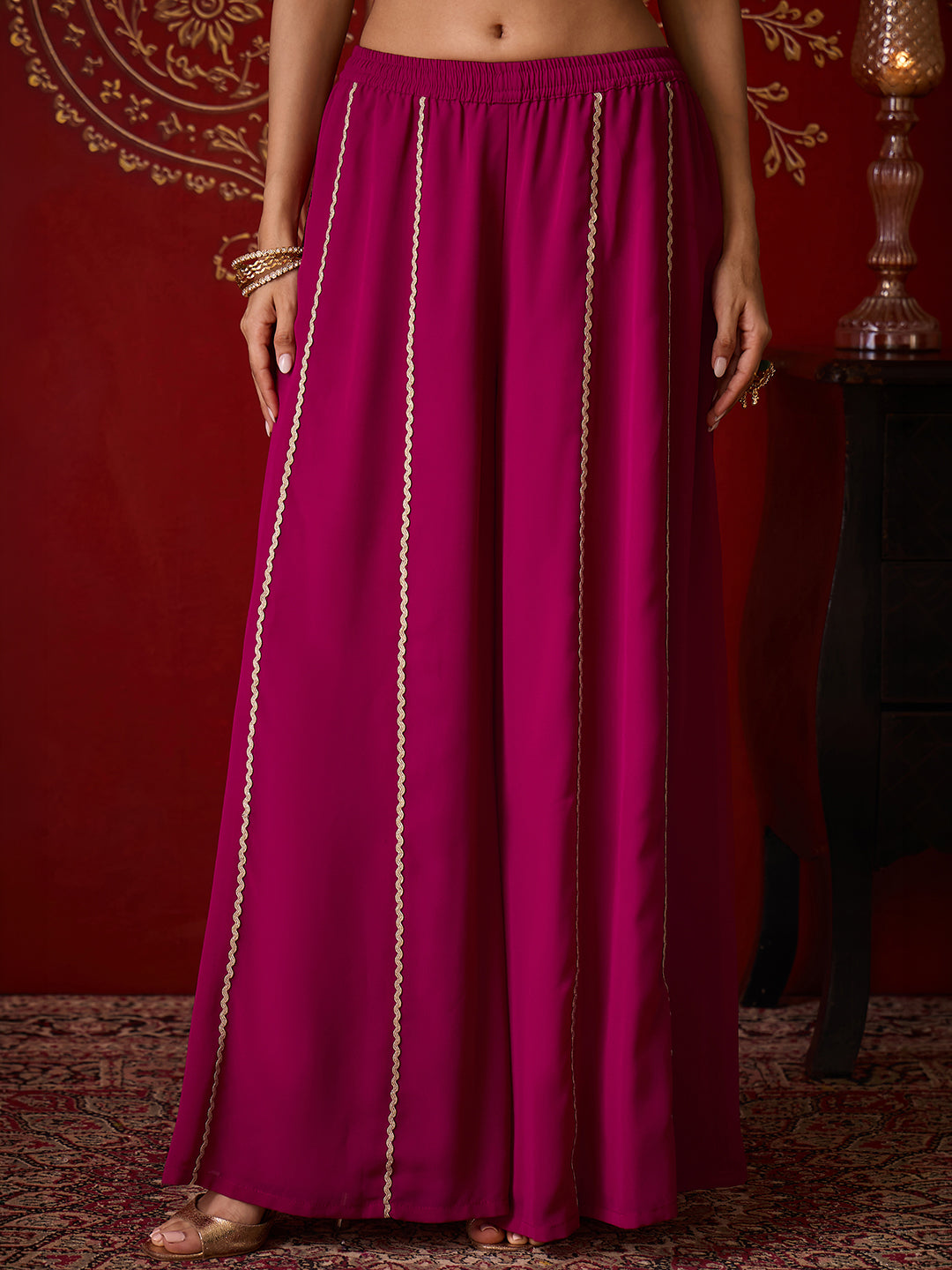 Janasya Women's Magenta Georgette Floral Zari Embroidered Straight Kurta with Sharara And Choker Dupatta Set