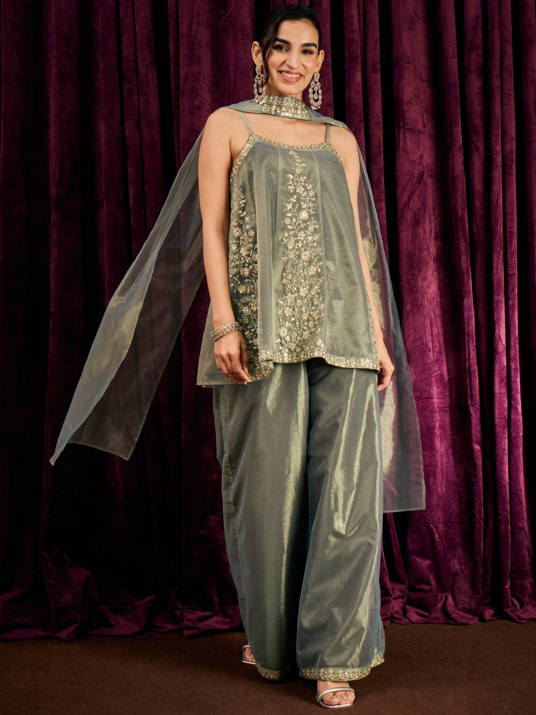 Janasya Women's Grey Shimmer Net Floral Zari Embroidered A-Line Top with Palazzo And Choker Dupatta Set