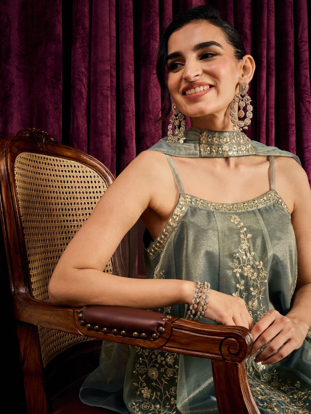 Janasya Women's Grey Shimmer Net Floral Zari Embroidered A-Line Top with Palazzo And Choker Dupatta Set