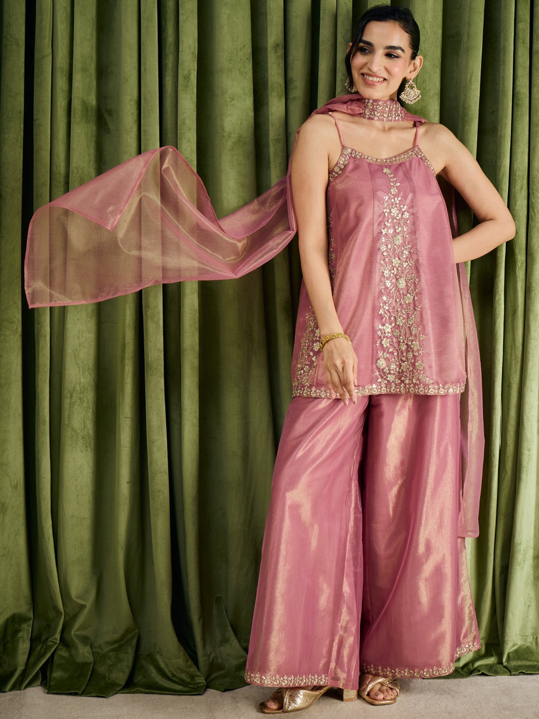 Janasya Women's Metallic Pink Shimmer Net Floral Zari Embroidered A-Line Top with Palazzo And Choker Dupatta Set