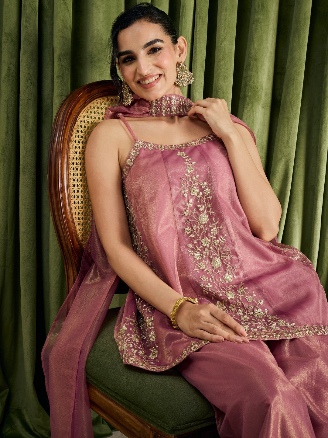 Janasya Women's Metallic Pink Shimmer Net Floral Zari Embroidered A-Line Top with Palazzo And Choker Dupatta Set