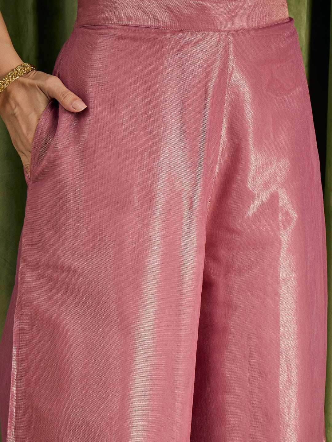 Janasya Women's Metallic Pink Shimmer Net Floral Zari Embroidered A-Line Top with Palazzo And Choker Dupatta Set