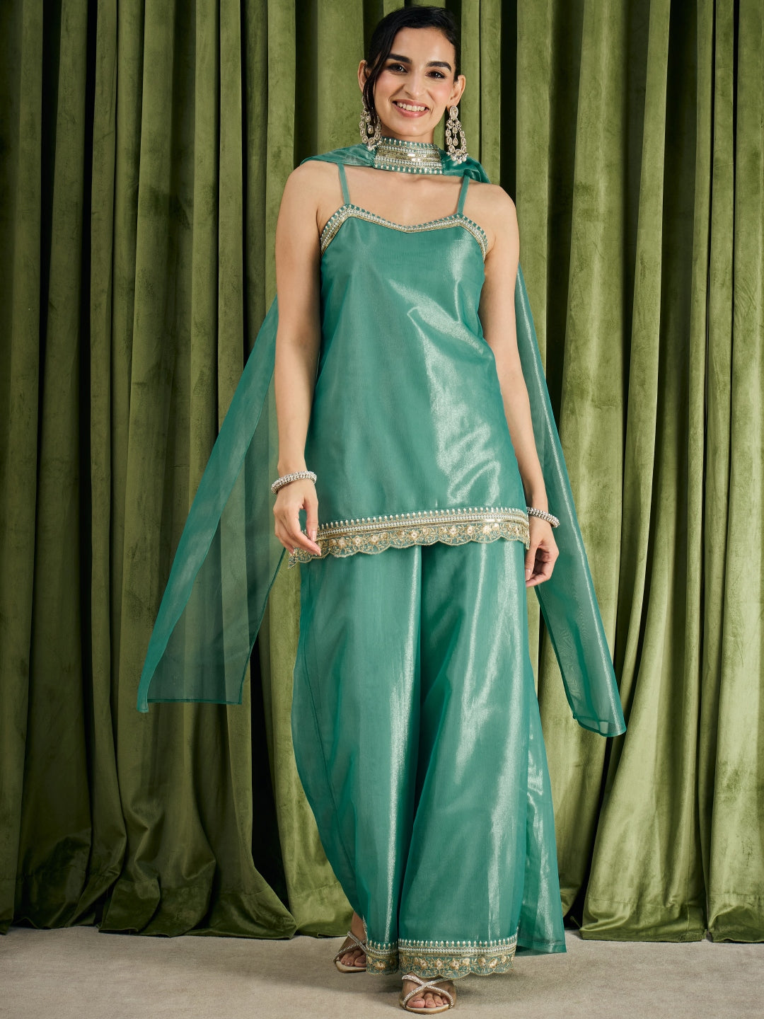Janasya Women's Teal Green Shimmer Net Zari Embroidered Straight Kurta with Palazzo And Dupatta Set