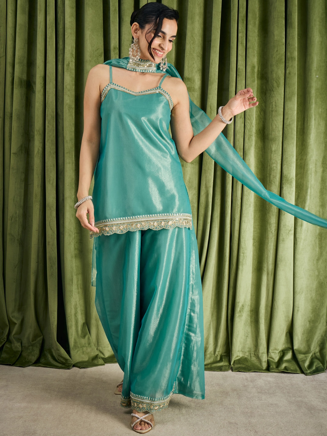 Janasya Women's Teal Green Shimmer Net Zari Embroidered Straight Kurta with Palazzo And Dupatta Set
