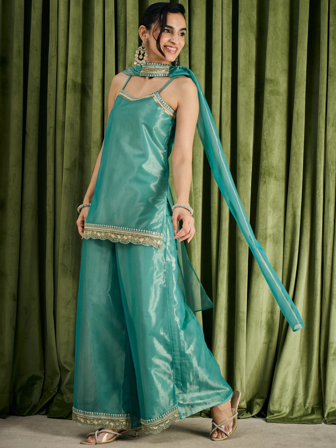 Janasya Women's Teal Green Shimmer Net Zari Embroidered Straight Kurta with Palazzo And Dupatta Set