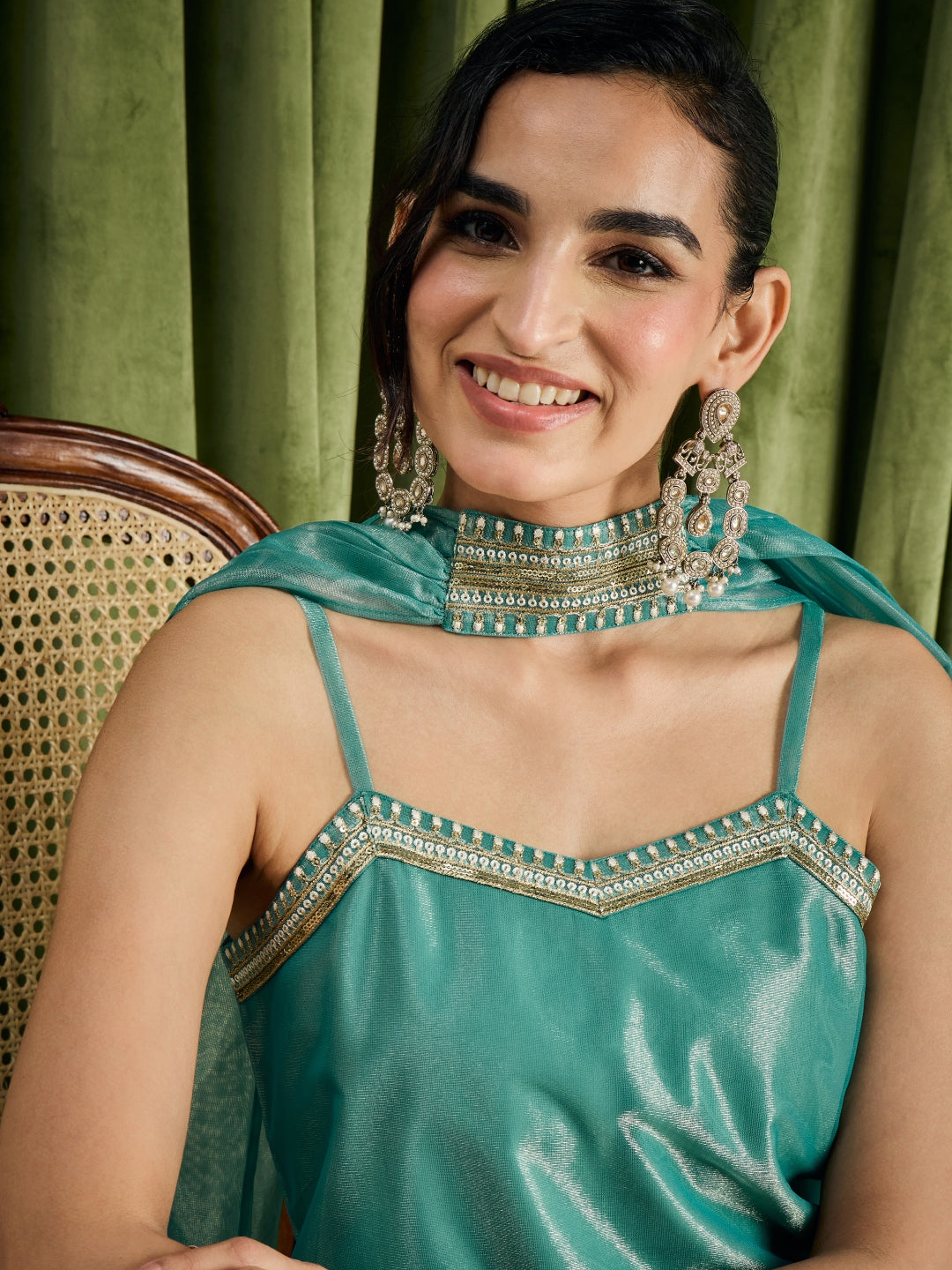 Janasya Women's Teal Green Shimmer Net Zari Embroidered Straight Kurta with Palazzo And Dupatta Set