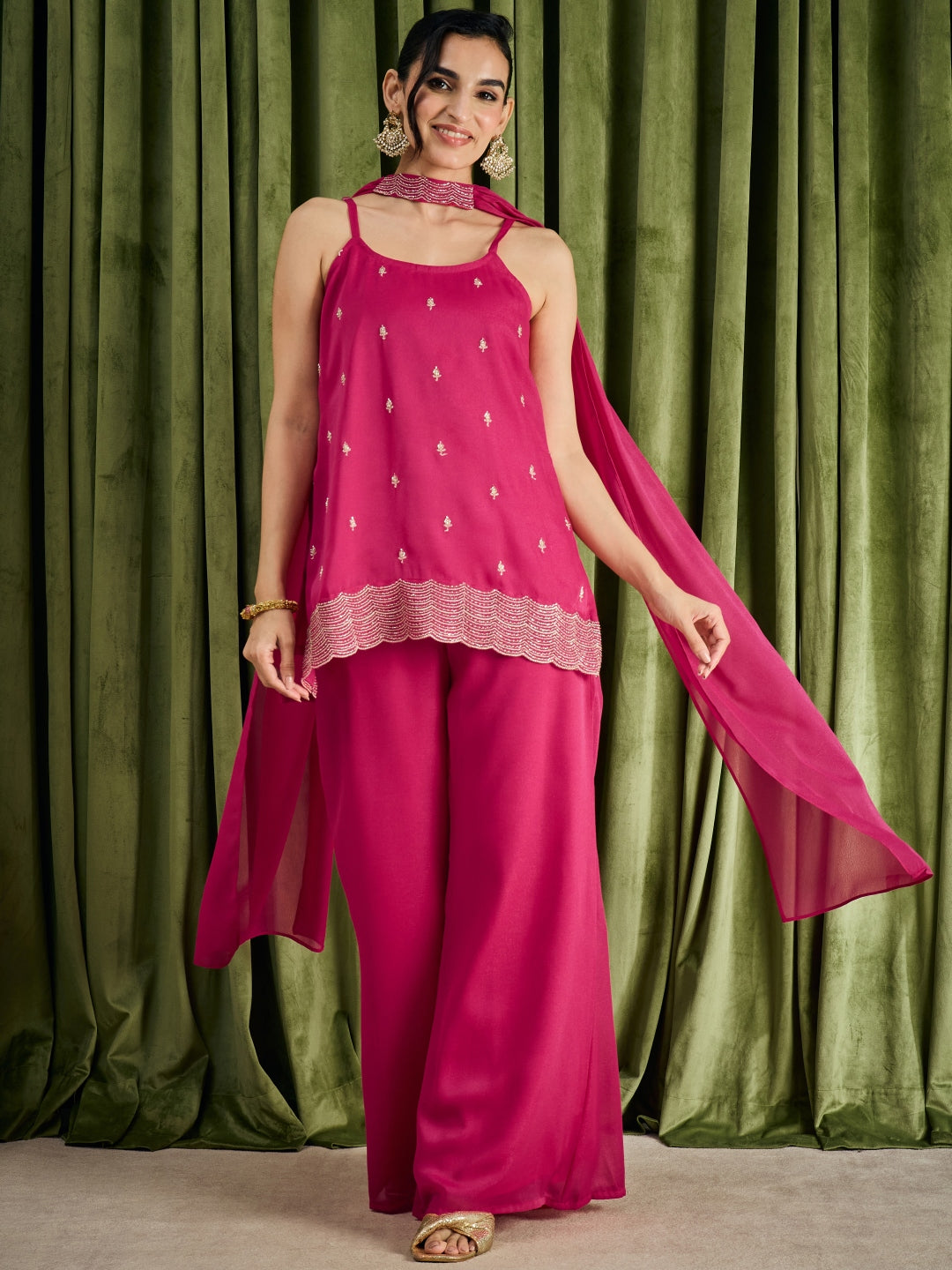 Janasya Women's Magenta Georgette Zari Beads Embroidered Straight Kurta with Palazzo And Choker Dupatta Set