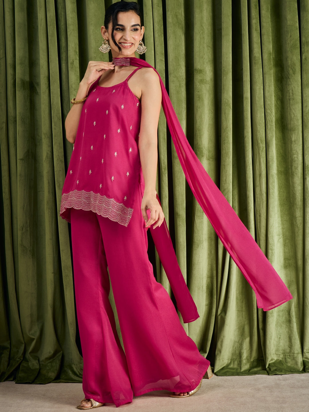 Janasya Women's Magenta Georgette Zari Beads Embroidered Straight Kurta with Palazzo And Choker Dupatta Set