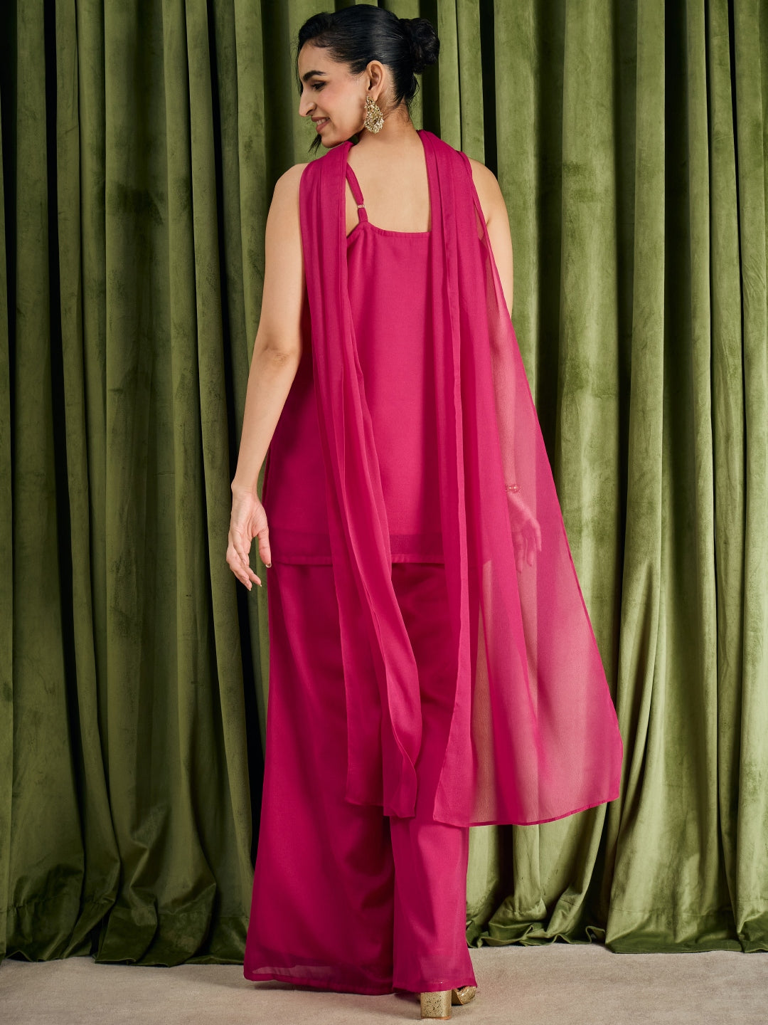 Janasya Women's Magenta Georgette Zari Beads Embroidered Straight Kurta with Palazzo And Choker Dupatta Set