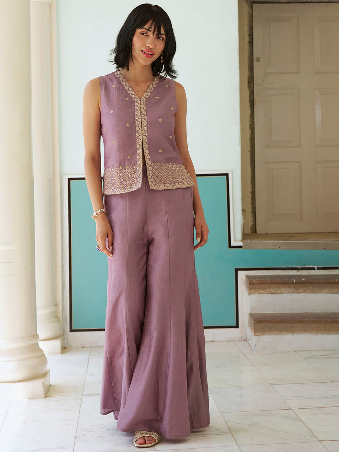 Janasya Women's Lavender Silk Blend Floral Embroidered Waistcoat Co-Ord Set