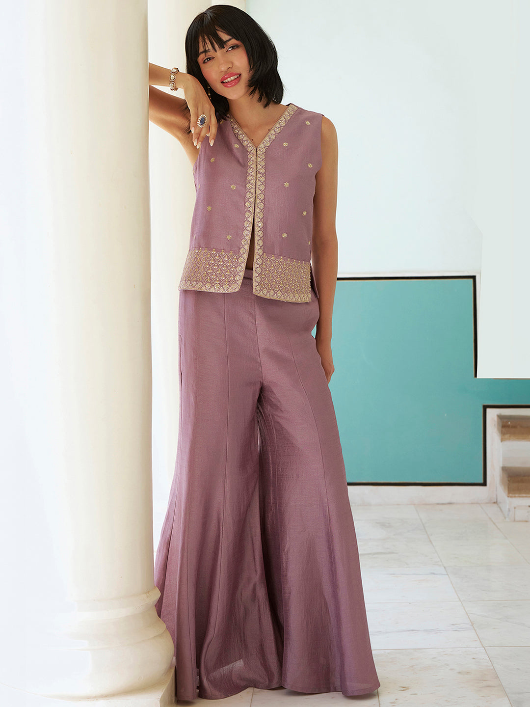 Janasya Women's Lavender Silk Blend Floral Embroidered Waistcoat Co-Ord Set
