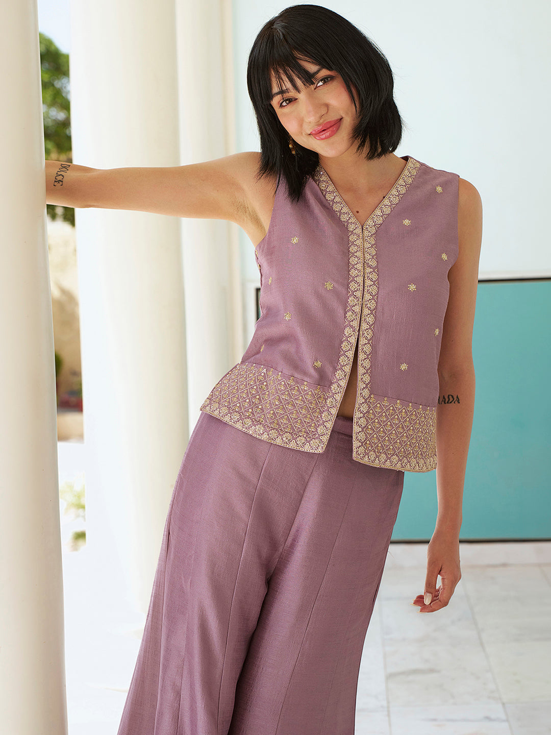 Janasya Women's Lavender Silk Blend Floral Embroidered Waistcoat Co-Ord Set
