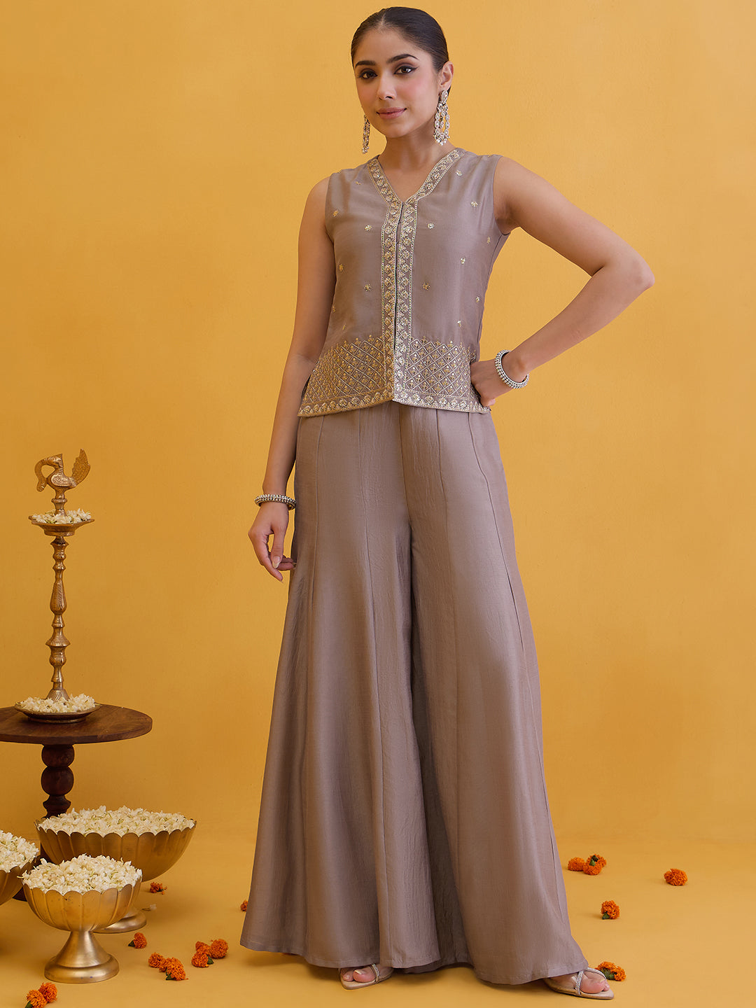 Janasya Women's Metallic Beige Silk Blend Floral Zari Embroidered Vest Coat Co-Ord Set