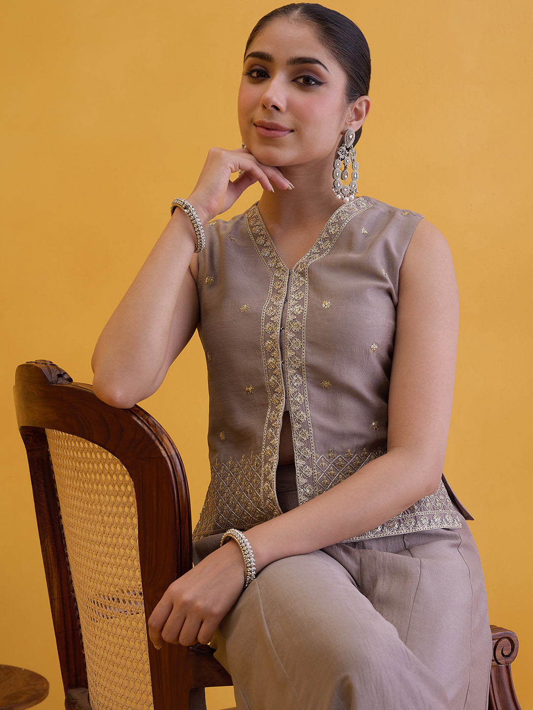 Janasya Women's Metallic Beige Silk Blend Floral Zari Embroidered Vest Coat Co-Ord Set