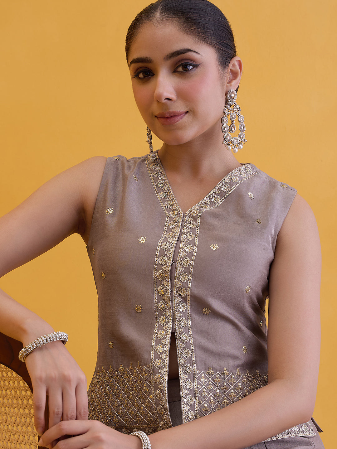 Janasya Women's Metallic Beige Silk Blend Floral Zari Embroidered Vest Coat Co-Ord Set