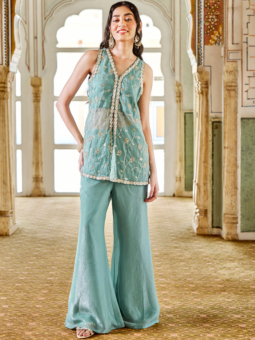Janasya Women's Sea Green Tissue Silk Embellished High Slit Co-Ord Set