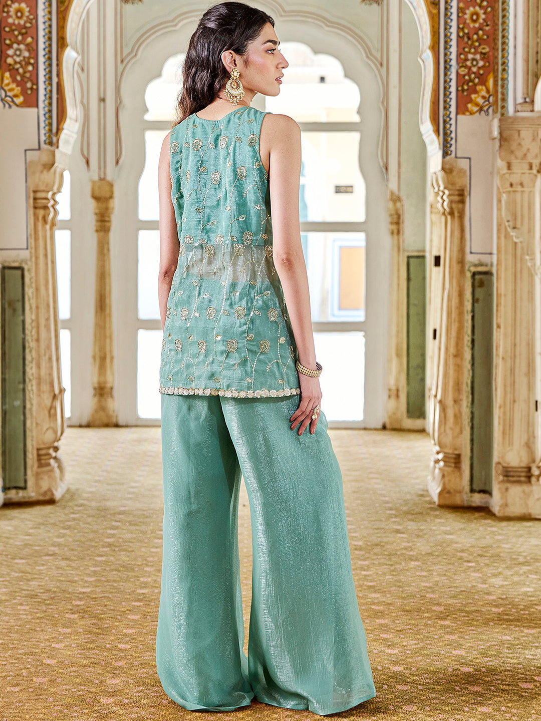 Janasya Women's Sea Green Tissue Silk Embellished High Slit Co-Ord Set
