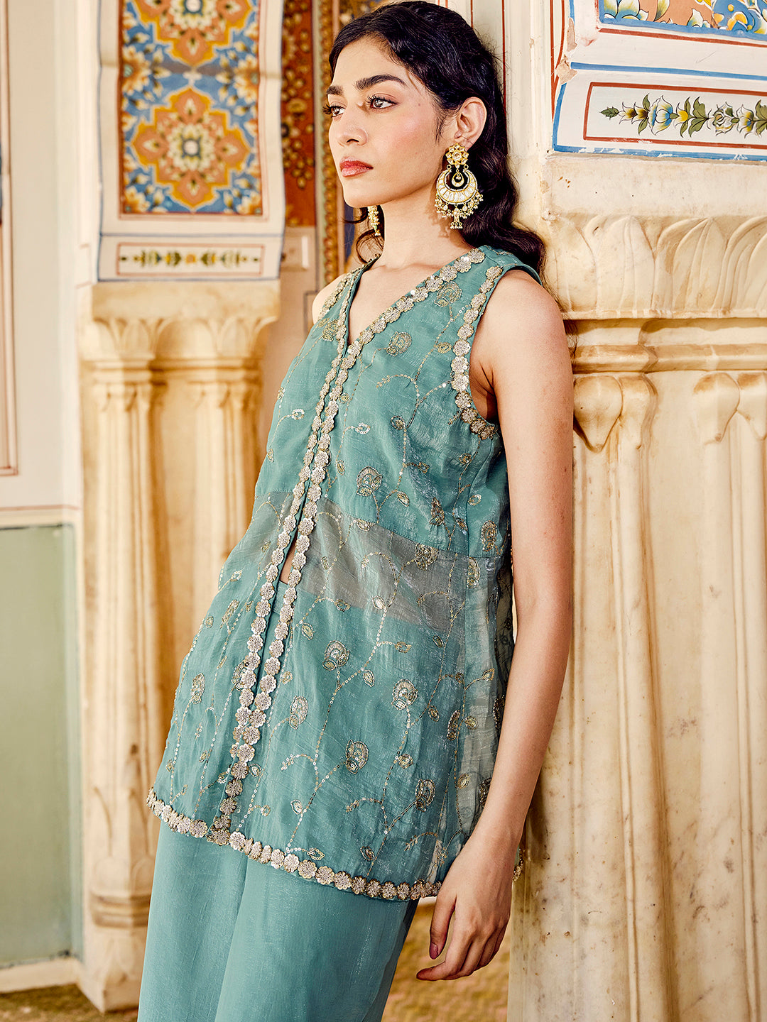 Janasya Women's Sea Green Tissue Silk Embellished High Slit Co-Ord Set