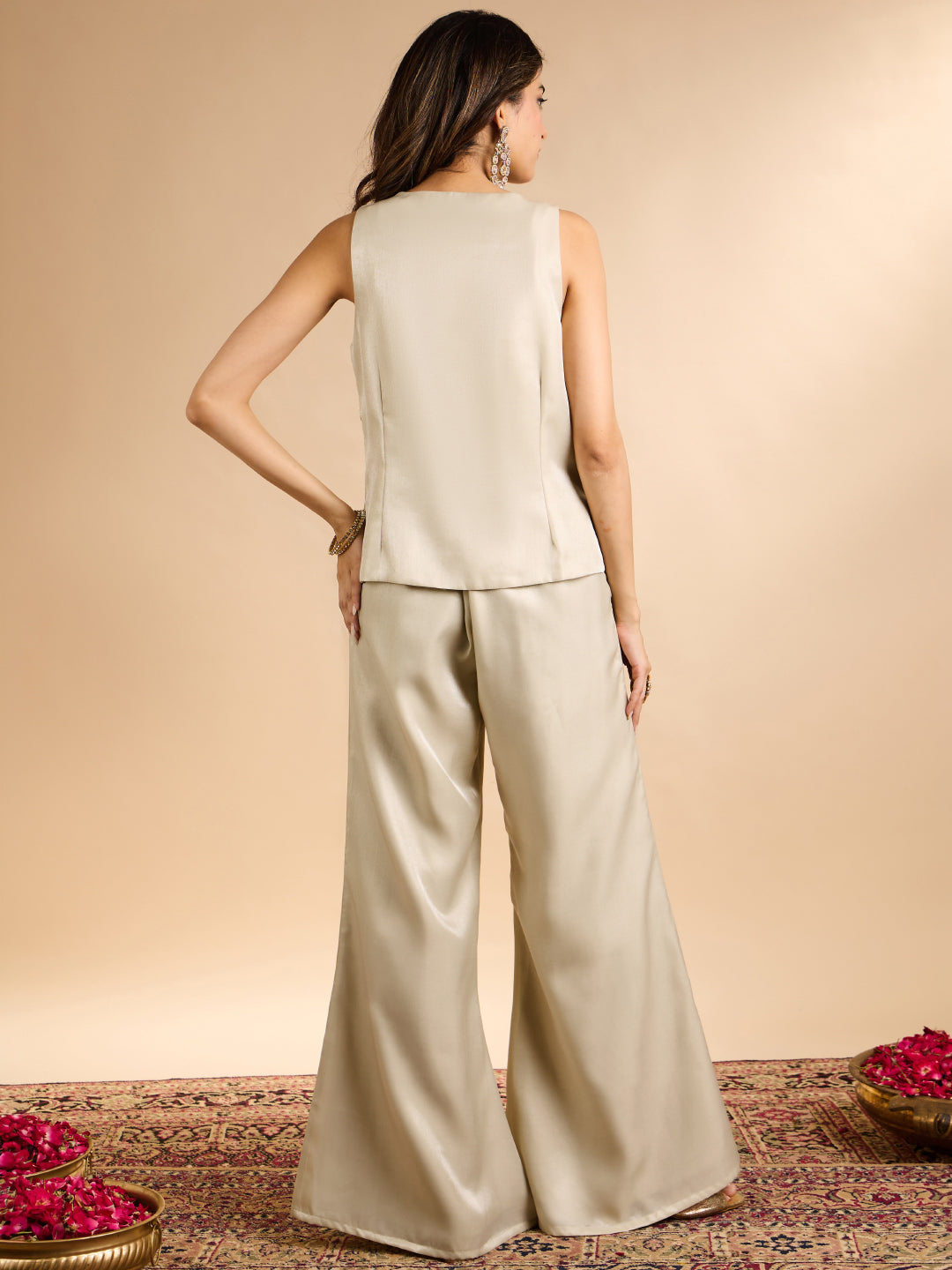 Janasya Women's Off White Silk Blend Sequins Beads Embroidered Vest Coat Co-Ord Set