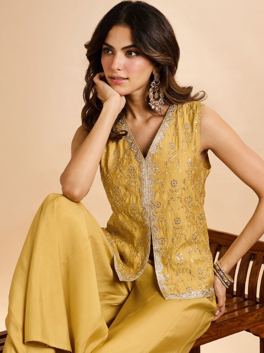 Janasya Women's Yellow Chanderi Silk Floral Embroidered & Sequinned Vest Coat Co-Ord Set