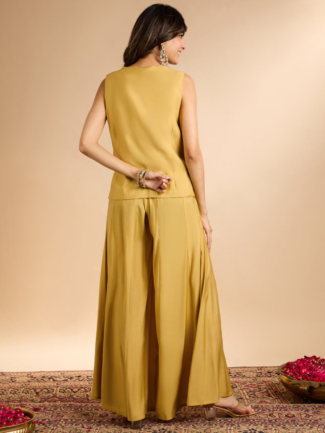 Janasya Women's Yellow Chanderi Silk Floral Embroidered & Sequinned Vest Coat Co-Ord Set