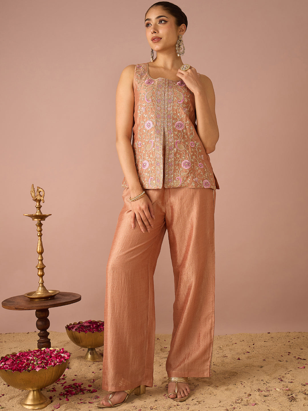 Janasya Women's Peach Silk Blend Floral Zari Embroidered & Sequinned Vest Coat Co-Ord Set