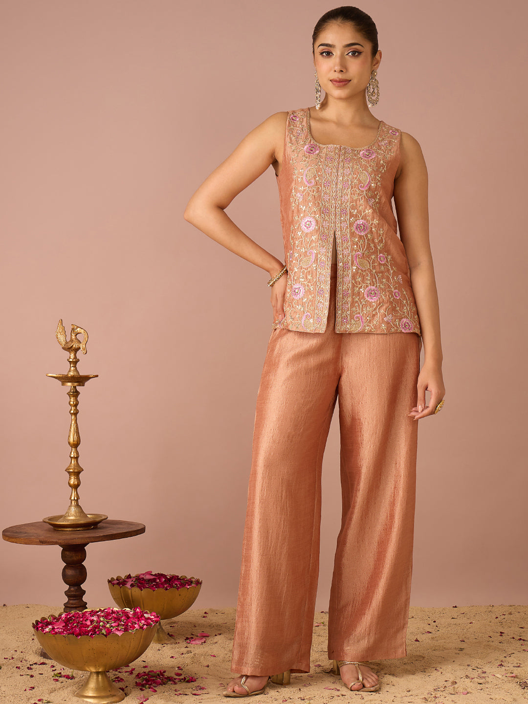 Janasya Women's Peach Silk Blend Floral Zari Embroidered & Sequinned Vest Coat Co-Ord Set