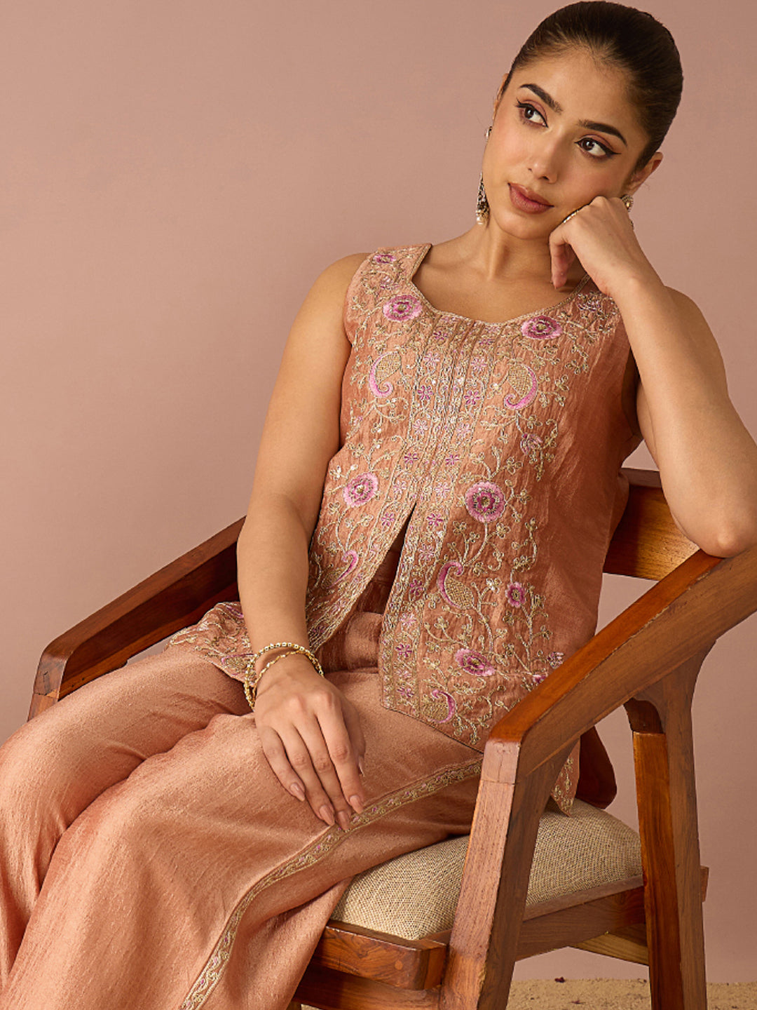 Janasya Women's Peach Silk Blend Floral Zari Embroidered & Sequinned Vest Coat Co-Ord Set