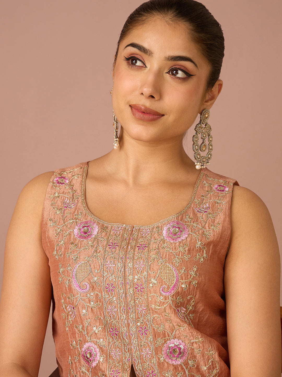 Janasya Women's Peach Silk Blend Floral Zari Embroidered & Sequinned Vest Coat Co-Ord Set