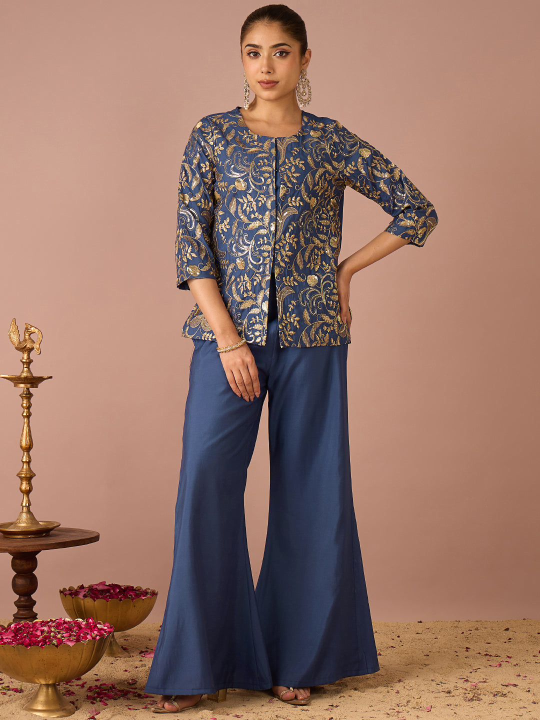 Janasya Women's Navy Blue Chanderi Silk Floral Sequins And Zari Embroidered Straight Co-Ord Set