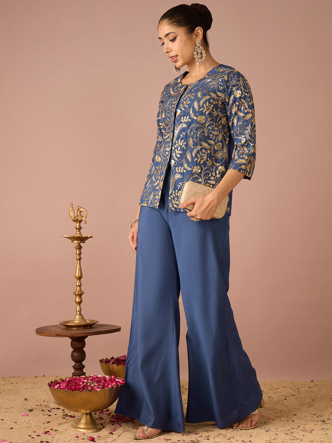 Janasya Women's Navy Blue Chanderi Silk Floral Sequins And Zari Embroidered Straight Co-Ord Set