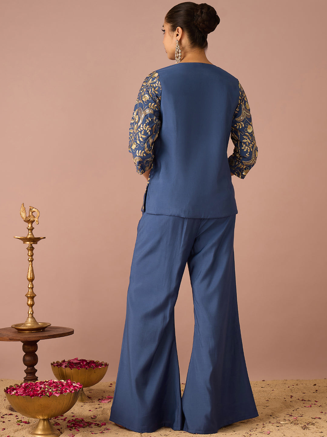 Janasya Women's Navy Blue Chanderi Silk Floral Sequins And Zari Embroidered Straight Co-Ord Set