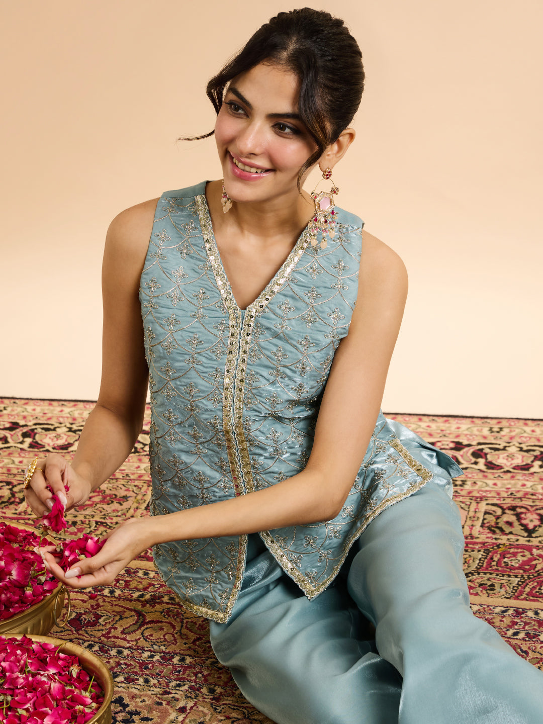 Janasya Women's Sky Blue Silk Blend Floral Zari Embroidered Waistcoat Co-Ord Set